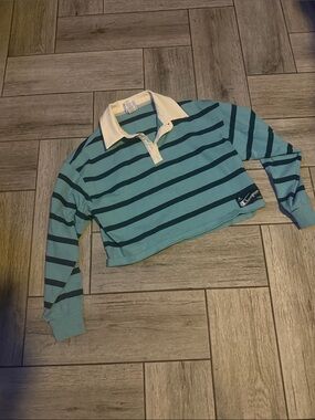 Champion Cropped Striped Rugby Sweater - Teal & Black with Cream Collar